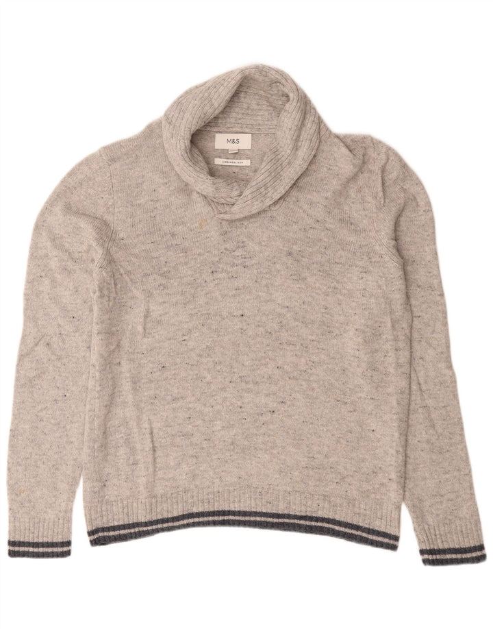Marks & Spencer Męski sweter z szalowym dekoltem, duży, szary, nakrapiany owcza wełna