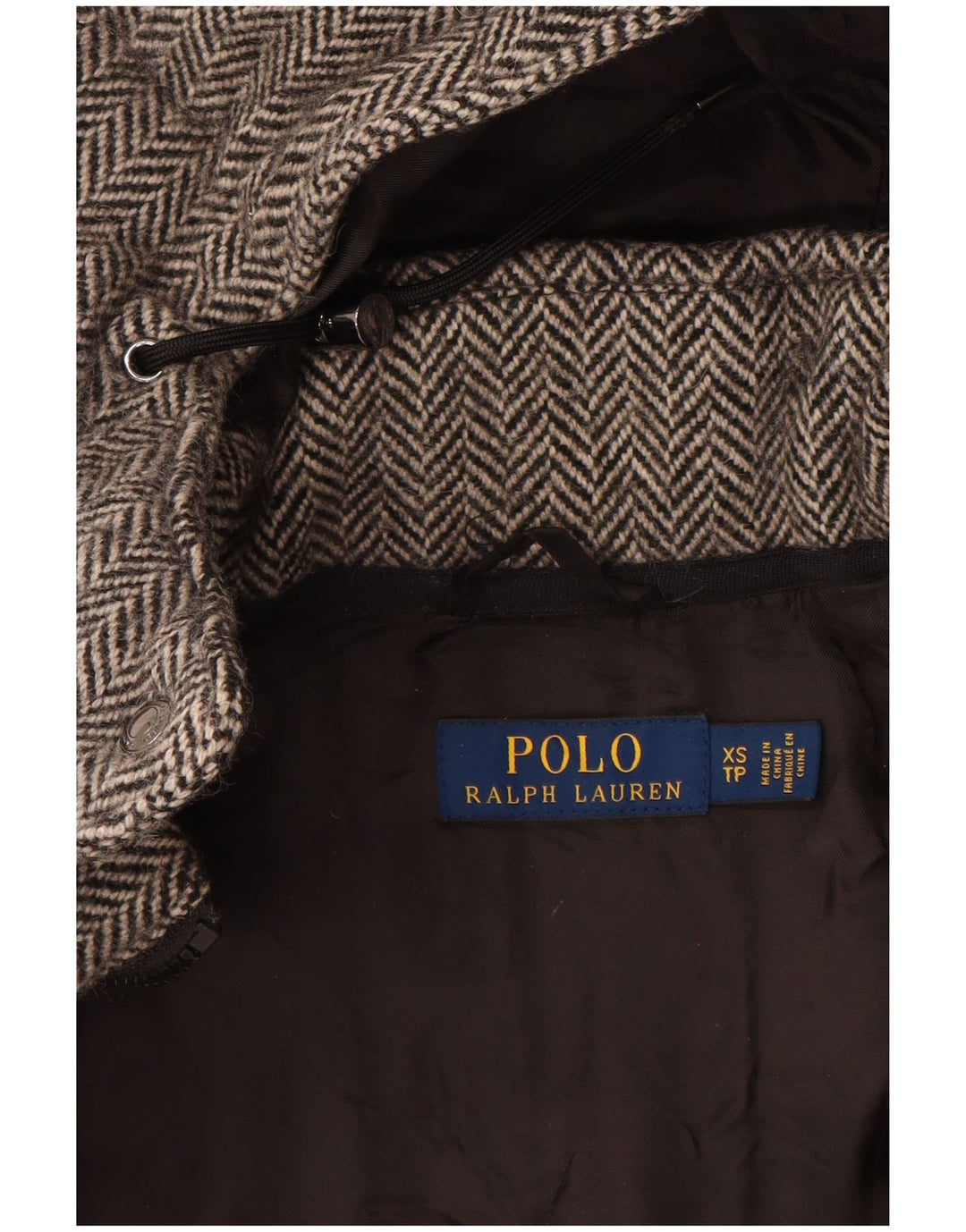 Damska wyściełana kurtka z kapturem Polo Ralph Lauren UK 6 XS Szara wełna w jodełkę