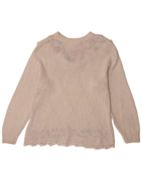 Vintage damski sweter z okrągłym dekoltem UK 14 średni biały kwiatowy ramie