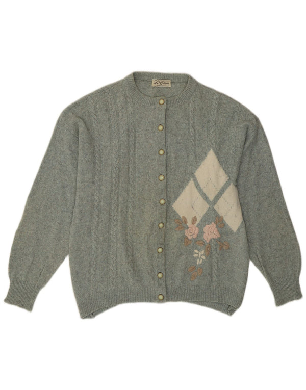 Vintage damski sweter rozpinany UK 14 średni zielony Argyle/diamentowy retro