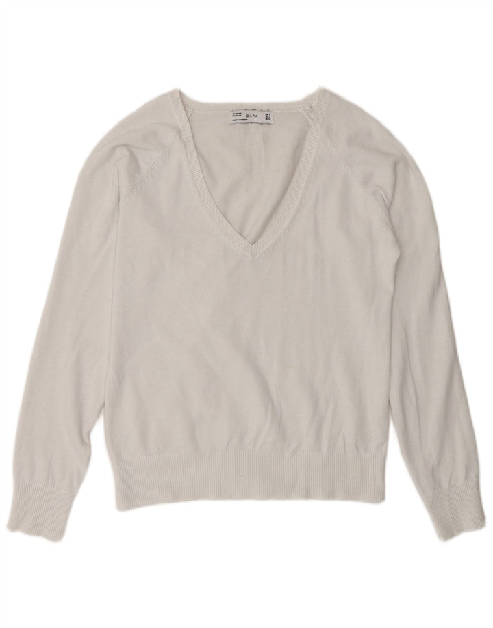 Sweter damski Zara z dekoltem w kształcie litery V, UK 10, mały, biały