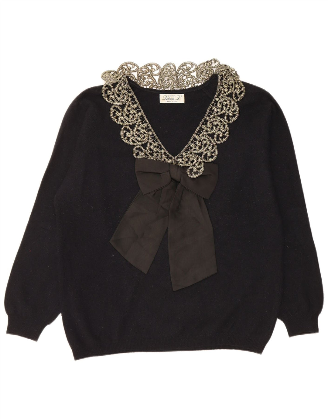 Letizia L. Sweter damski z dekoltem w kształcie litery V, UK 16, duży, czarny, wełniany paisley