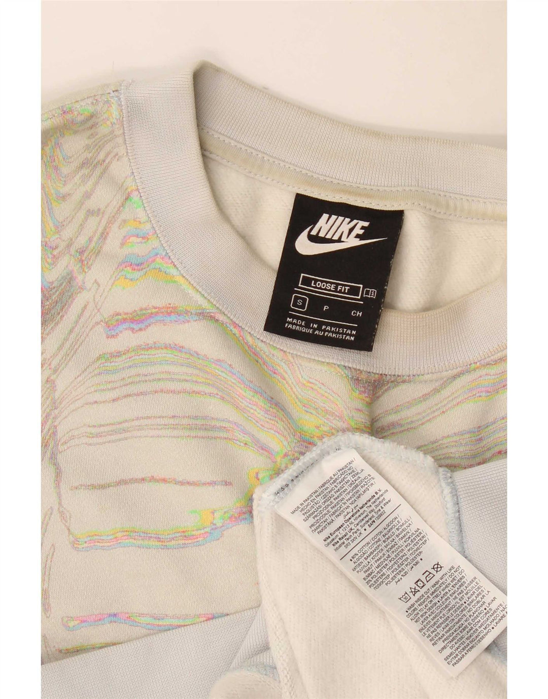 Damska bluza dresowa Nike z abstrakcyjnym wzorem, UK 10, mała w kolorze złamanej bieli