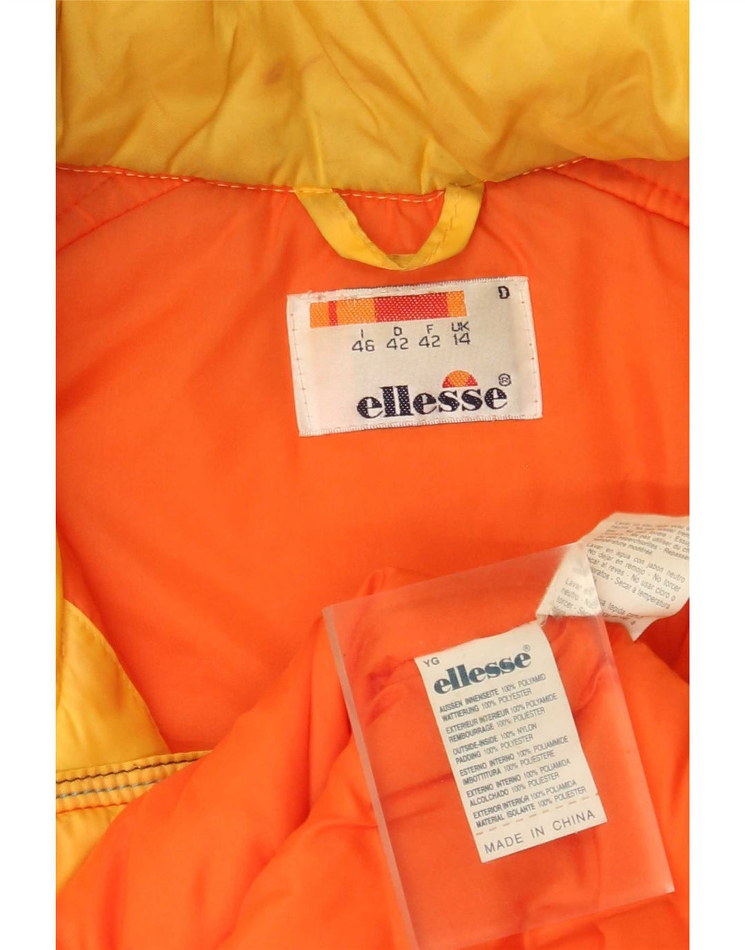 Damska kurtka narciarska Ellesse z kapturem, oversize UK 14, duża, żółta, z blokami kolorów