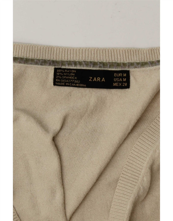 Sweter damski Zara z dekoltem w kształcie litery V, UK 14, średni beżowy sztuczny jedwab