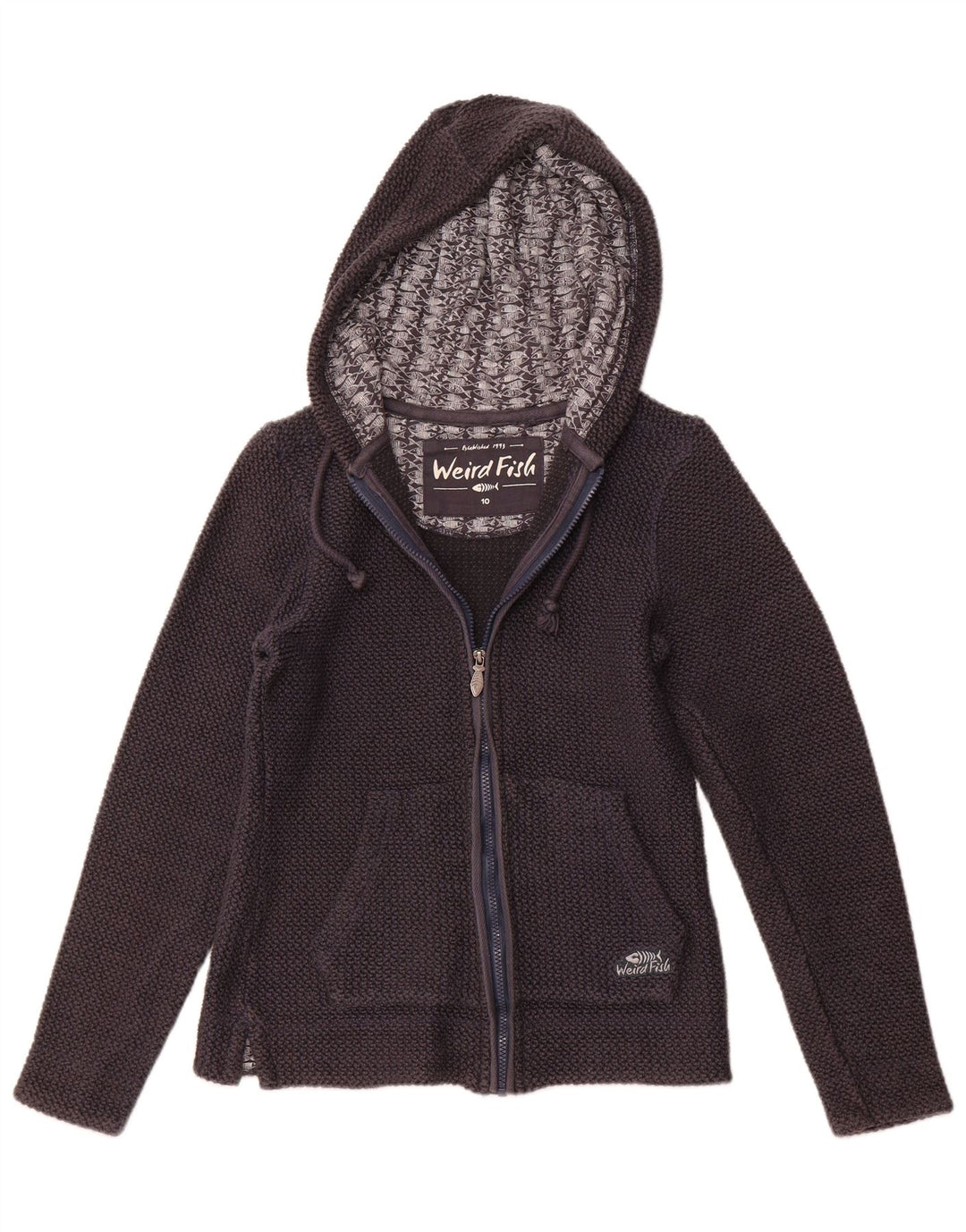 Damski sweter z kapturem i zamkiem WEIRD FISH UK 10, mały, granatowy, bawełniany