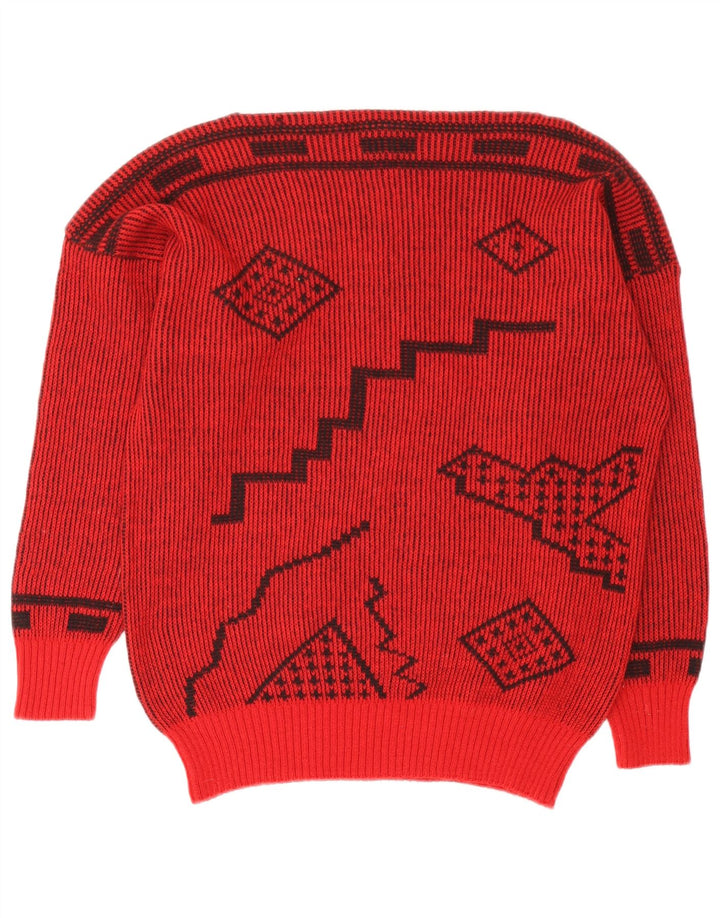 Vintage damski sweter z dekoltem w łódkę IT 44, średni czerwony, geometryczny wełniany