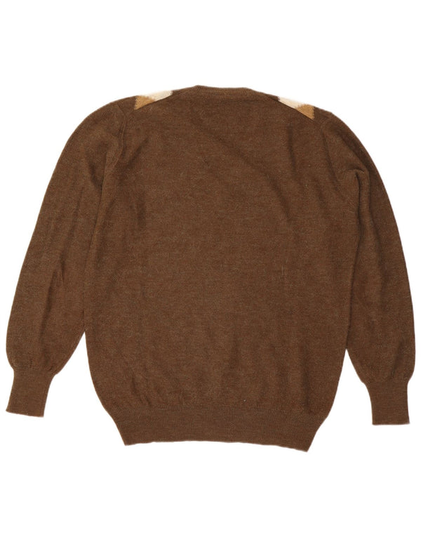 Vintage męski sweter z dekoltem w szpic, duży brązowy Argyle/diament