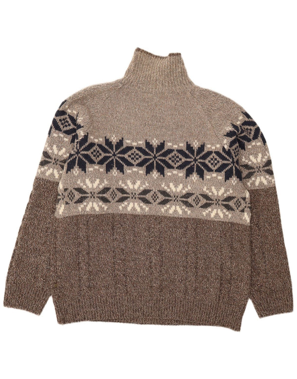 Vintage męski sweter z golfem XL, brązowy, wełniany Fair Isle