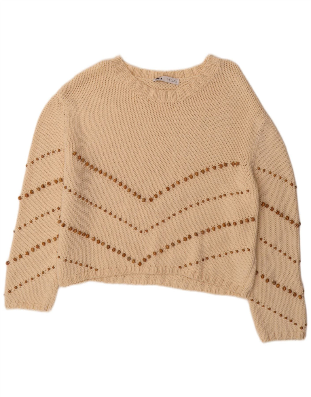 Damski sweter oversize z dekoltem w łódkę Zara UK 14 w średnie beżowe paski
