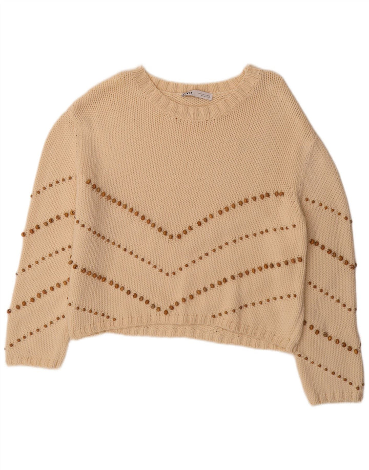 Damski sweter oversize z dekoltem w łódkę Zara UK 14 w średnie beżowe paski