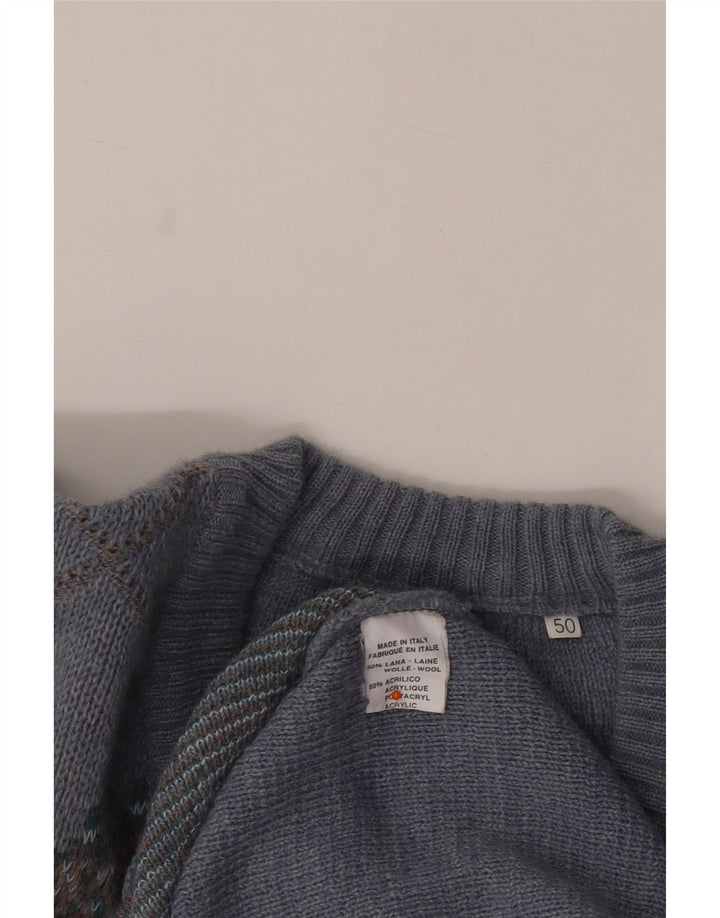 Męski sweter VINTAGE z dekoltem w szpic IT 50, średni niebieski Argyle/diamentowa wełna