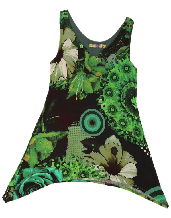 Desigual Womens Sleeveless Asymmetric Tunic Top UK 18 XL Green Floral