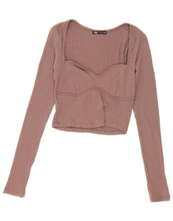 Zara Womens Crop Top Long Sleeve UK 8 Small Pink Polyester