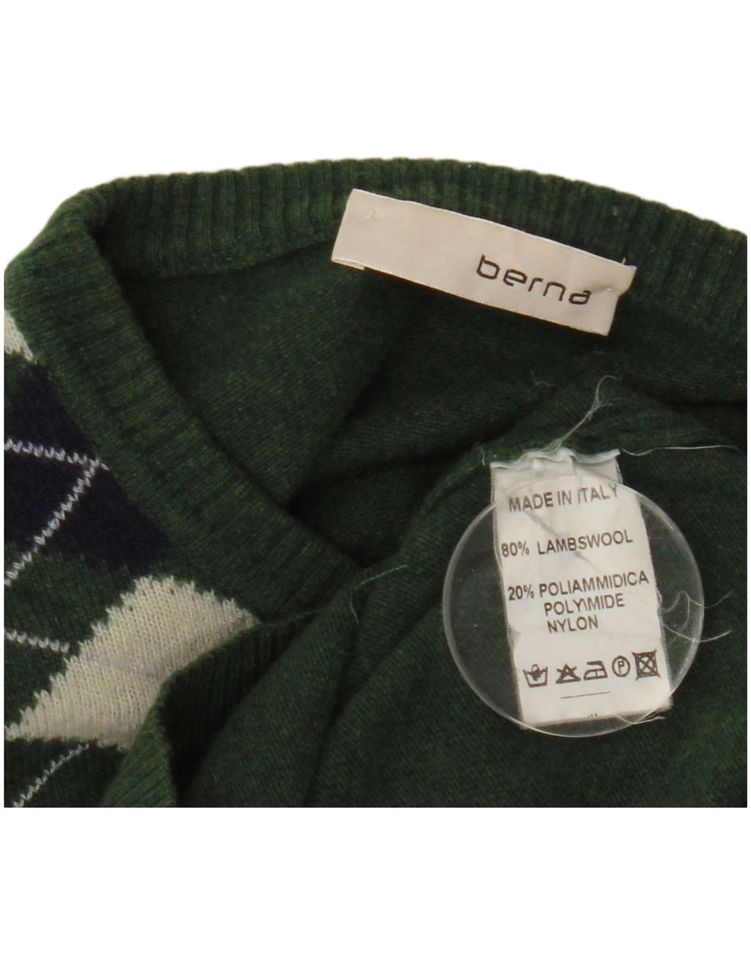 Męski sweter z dekoltem w łódkę Berna, średnio zielony, argyle/diamentowa wełna