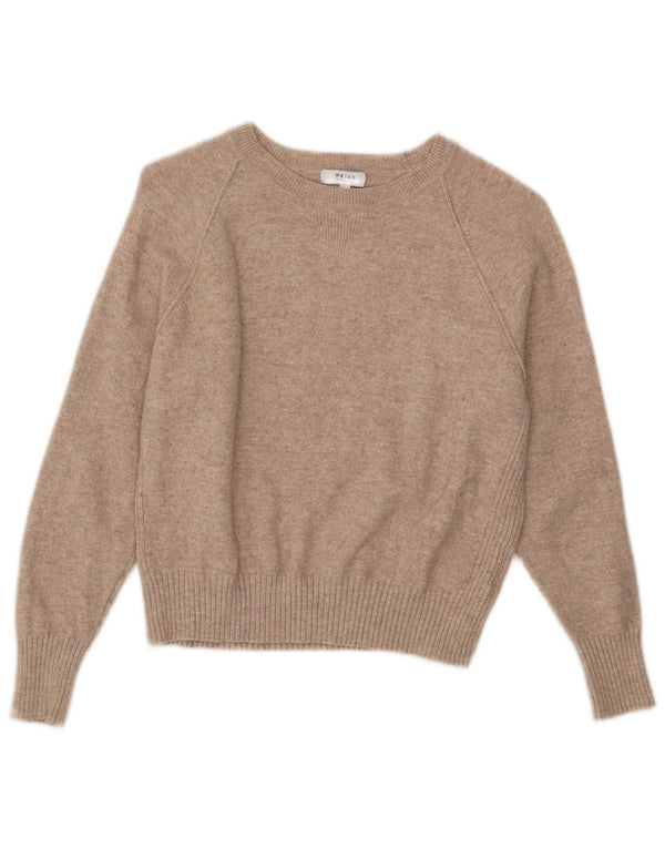 Sweter damski Reiss z krótkim rękawem i dekoltem w łódkę UK 12 Średni beżowy, wełniany plamki