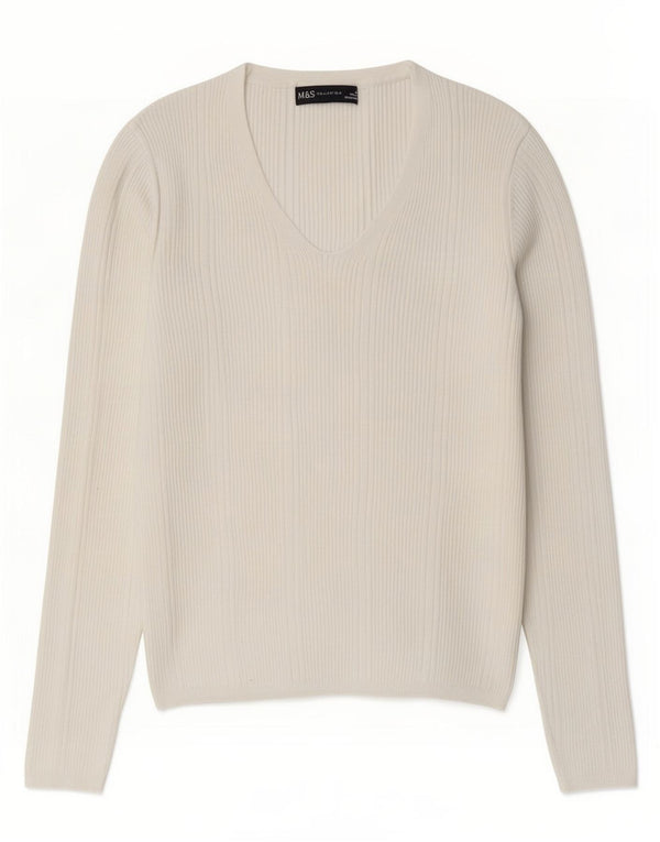 Sweter damski Marks & Spencer z dekoltem w kształcie litery V, UK 10, mały, biały, wiskoza