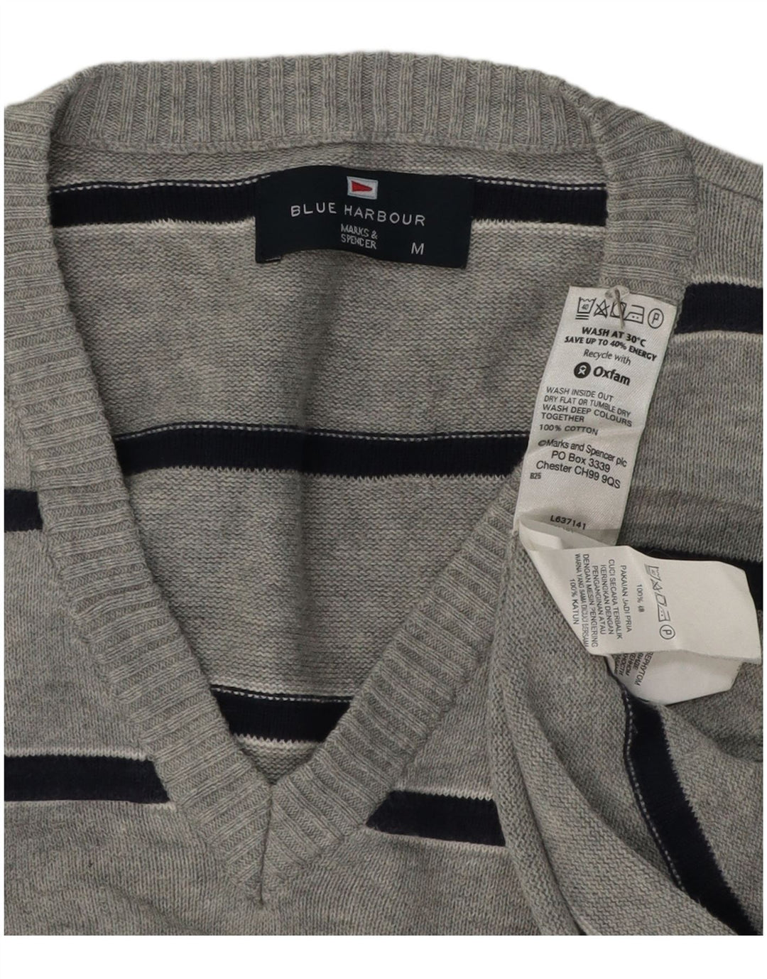 Męski sweter Marks & Spencer Blue Harbor z dekoltem w kształcie litery V, w średnie szare paski