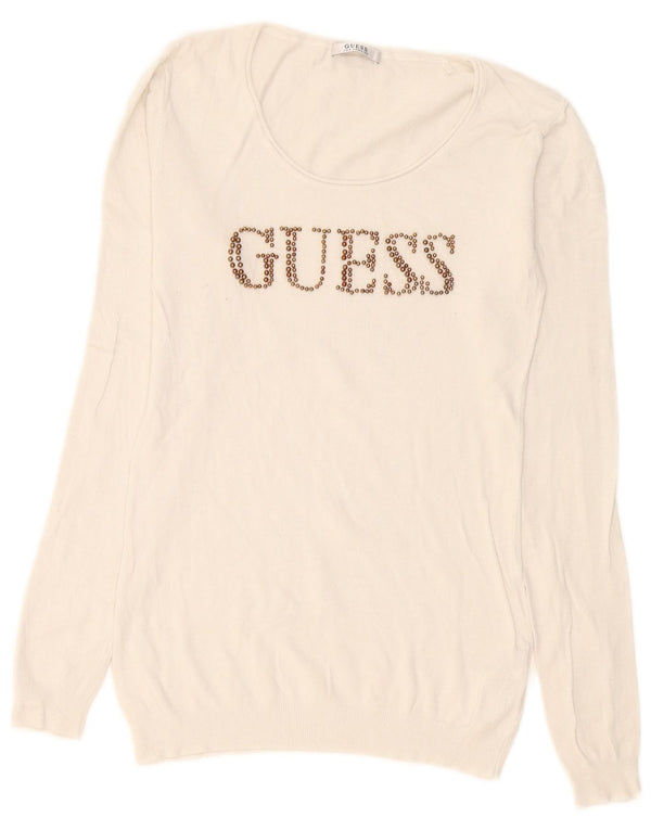 Damski sweter Guess z graficznym dekoltem w łódkę UK 14, duży, biały, wiskoza