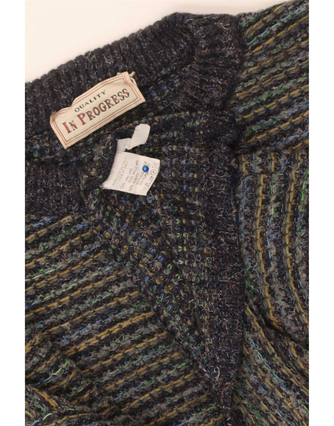 Vintage męski sweter z wycięciem pod szyją, duży, wielobarwny, wełniany prążki