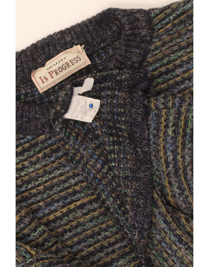 Vintage męski sweter z wycięciem pod szyją, duży, wielobarwny, wełniany prążki