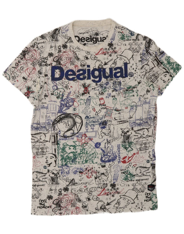 DESIGUAL Męski T-shirt z grafiką w abstrakcyjny wzór, średniej wielkości biała bawełna