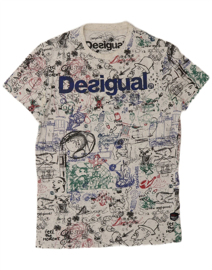 DESIGUAL Męski T-shirt z grafiką w abstrakcyjny wzór, średniej wielkości biała bawełna