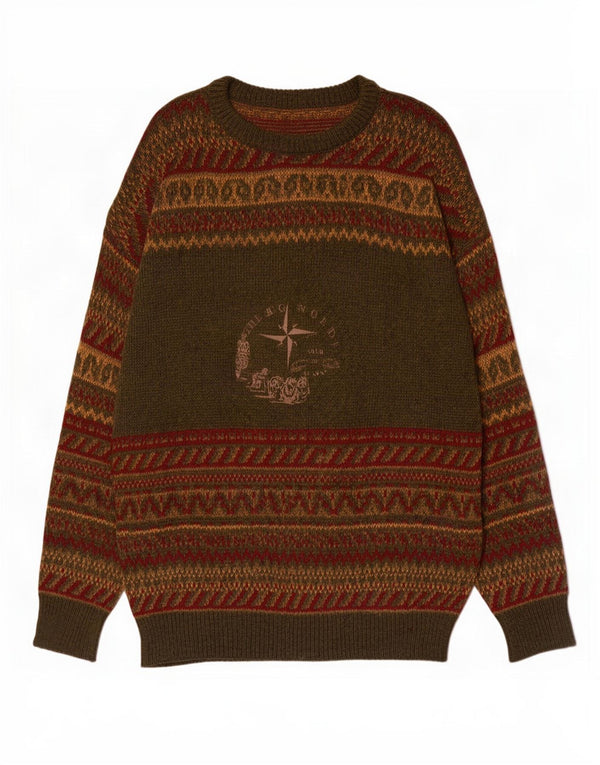 Vintage męski sweter z okrągłym dekoltem, duży, zielony, wełniany Fair Isle
