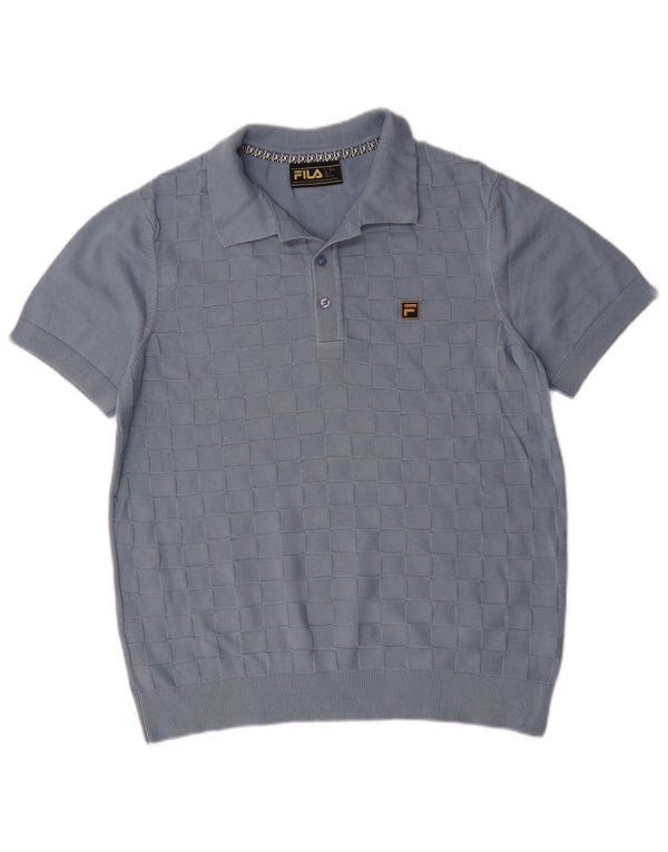 Męski sweter Fila z krótkim rękawem i dekoltem polo, duży, niebieski, geometryczny, bawełniany