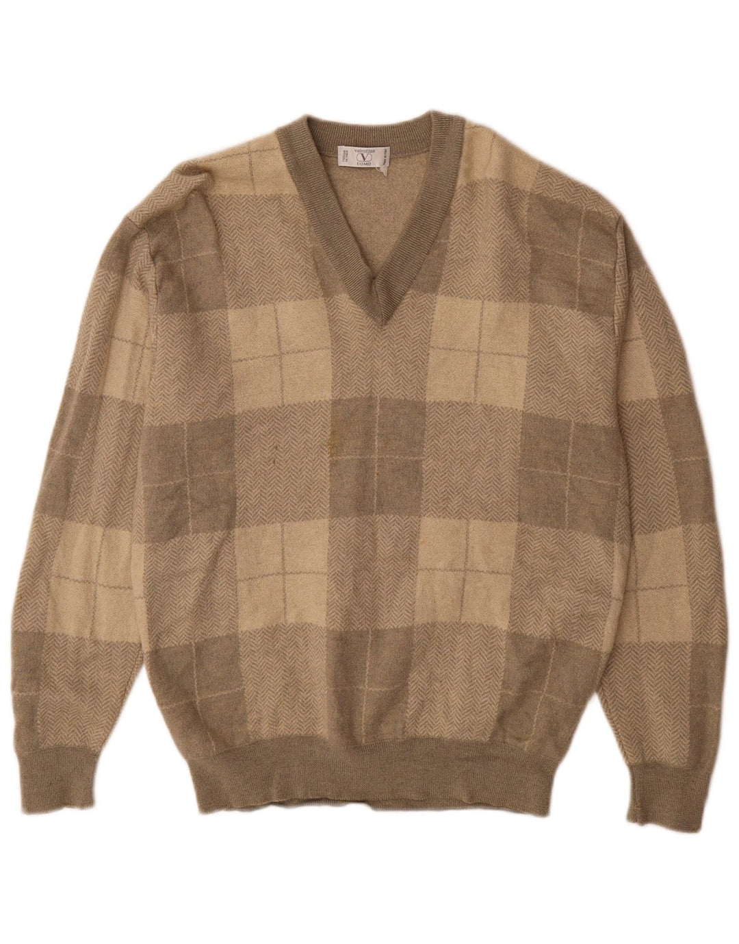 VALENTINO Męski sweter z dekoltem w kształcie litery V XL, szara, patchworkowa wełna