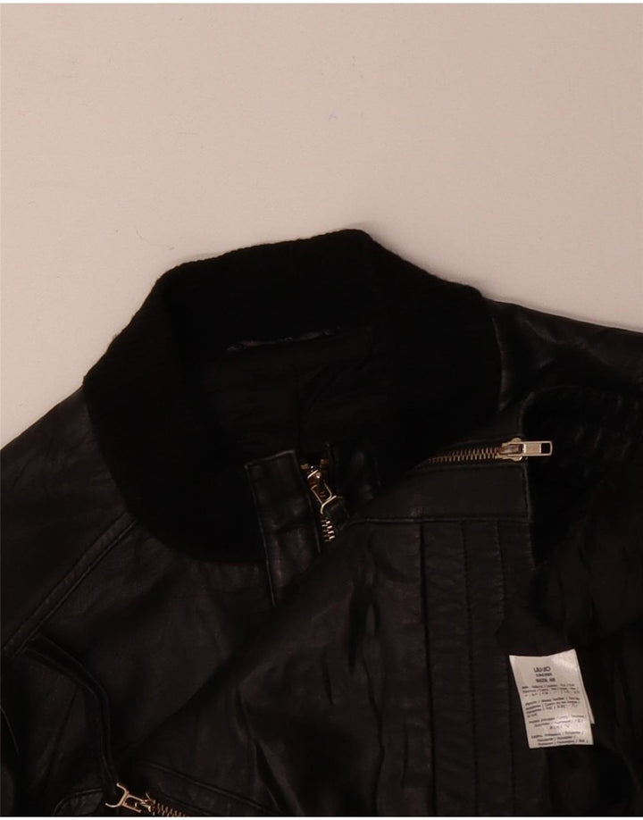 LIU JO Womens Crop Leather Jacket IT 48 XL Black Leather