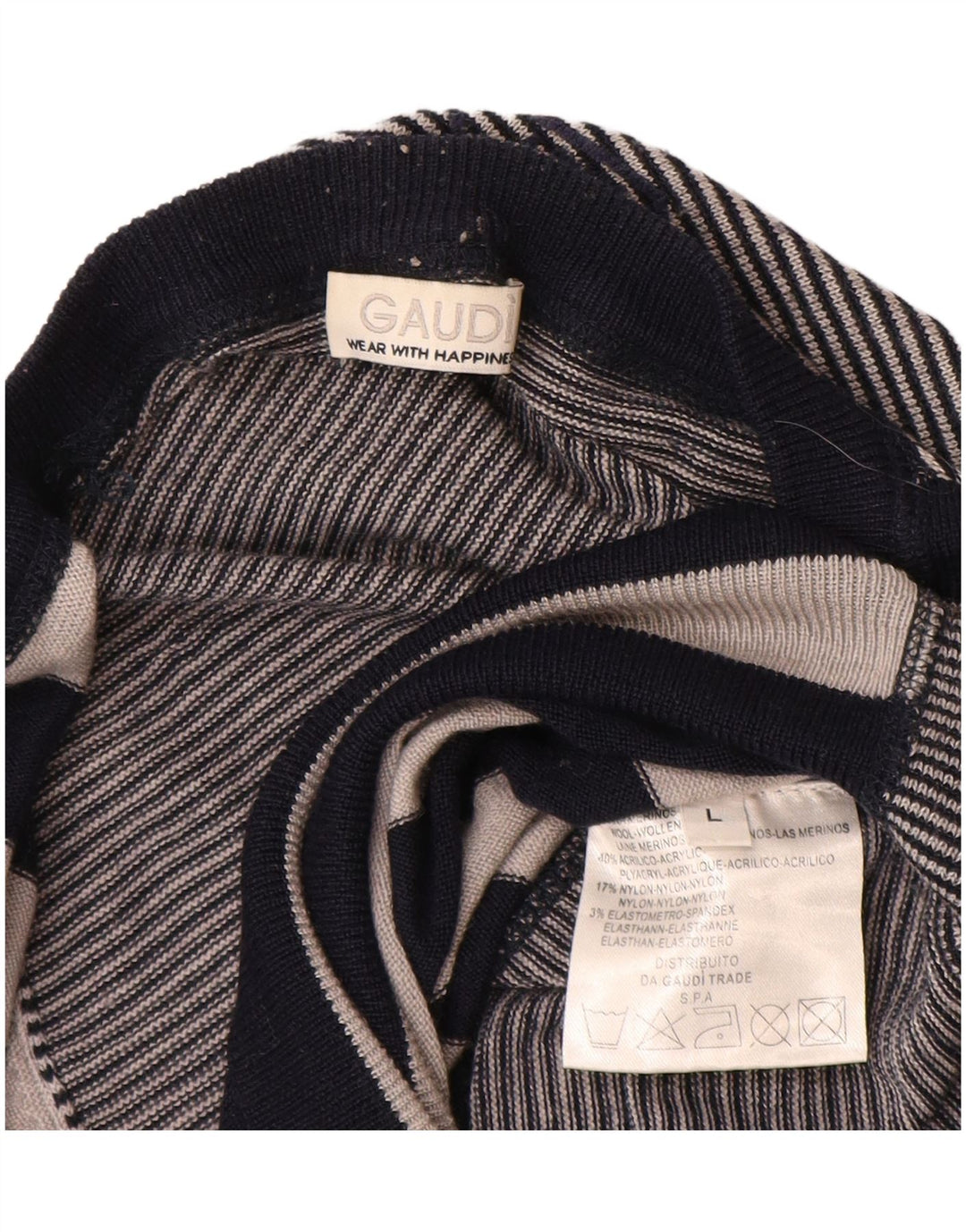 Gaudi Męski sweter z dekoltem w kształcie litery V, duży, czarny, wełniany merynos w paski