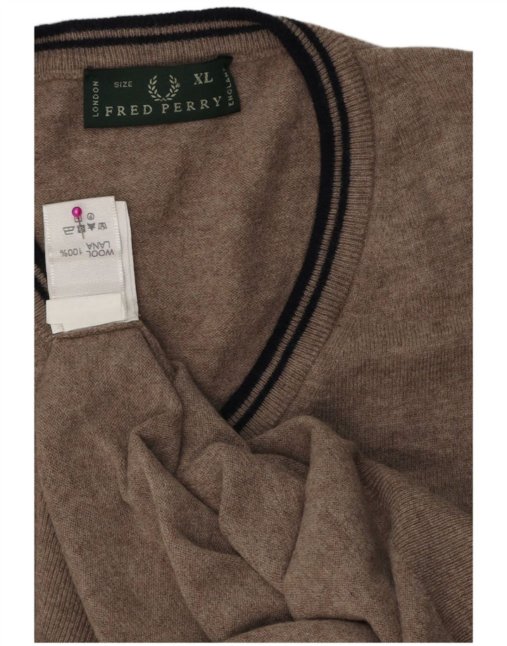 Męski sweter Fred Perry z dekoltem w kształcie litery V, XL, brązowa, wełniana nakrapiana