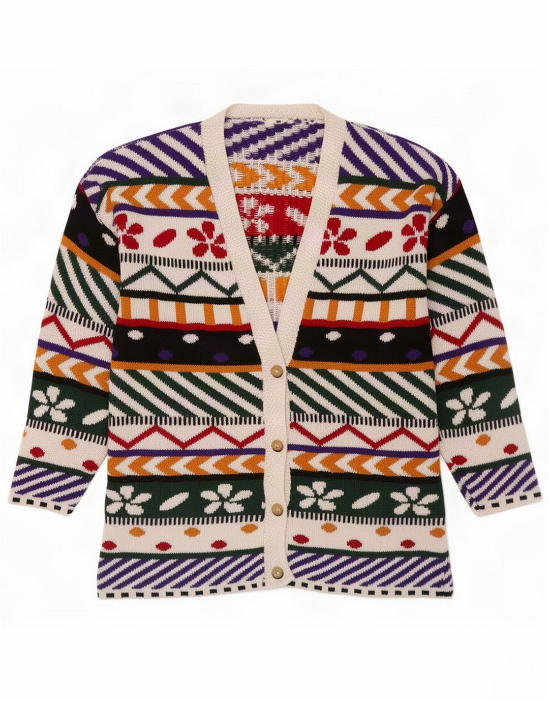Vintage damski sweter kardigan w abstrakcyjny wzór UK 14 średni wielokolorowy