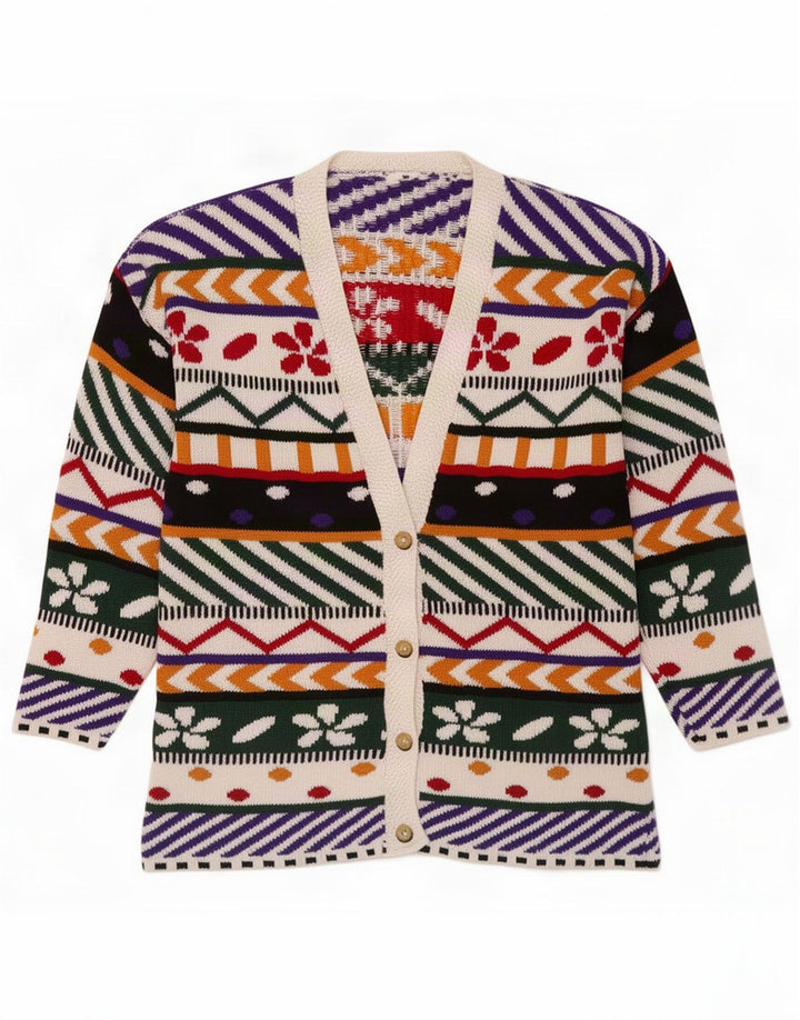 Vintage damski sweter kardigan w abstrakcyjny wzór UK 14 średni wielokolorowy