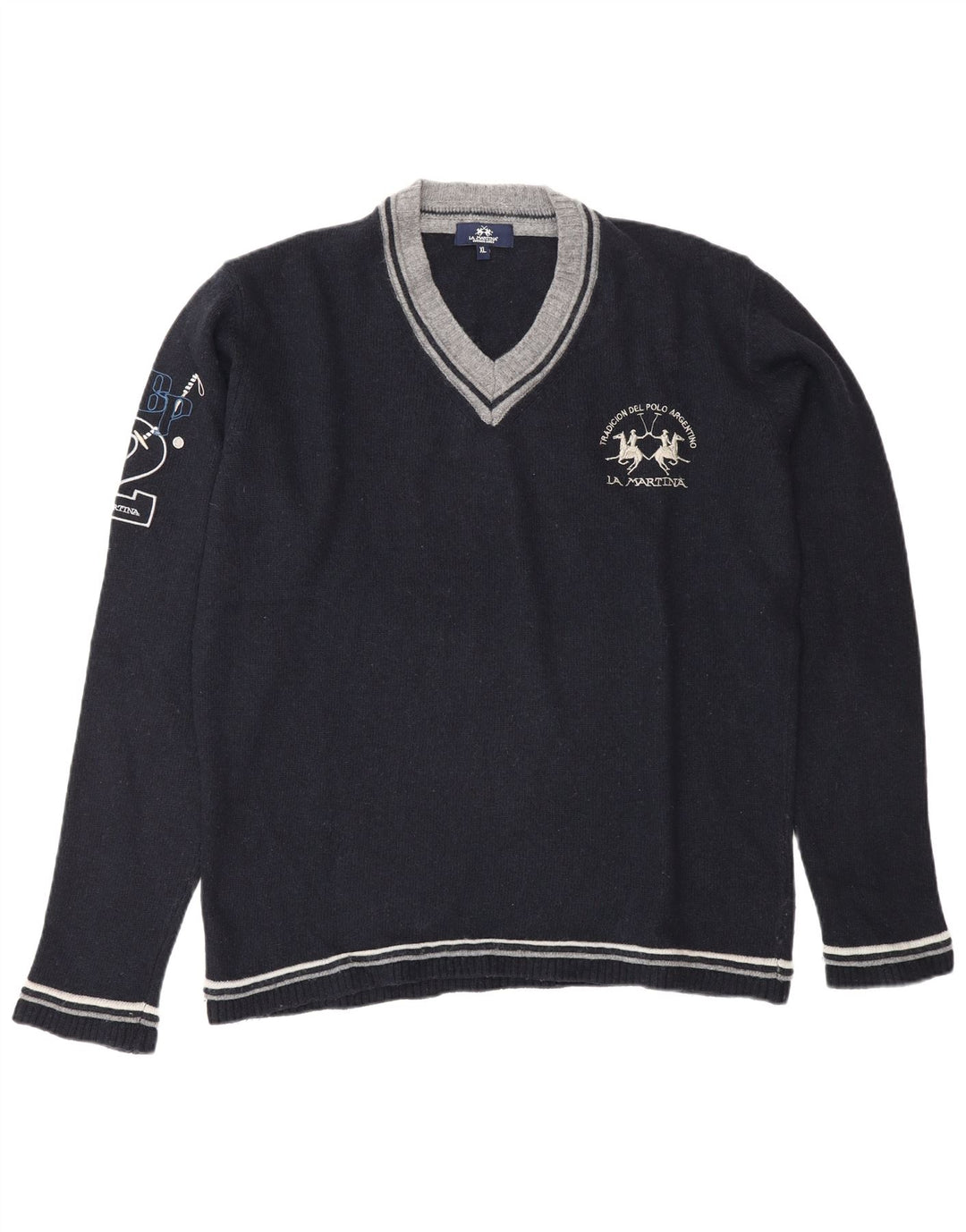 Męski sweter z grafiką i dekoltem w kształcie litery V La Martina XL, granatowy