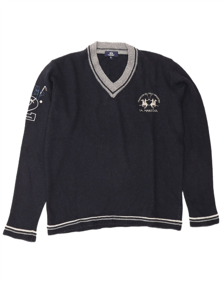 Męski sweter z grafiką i dekoltem w kształcie litery V La Martina XL, granatowy