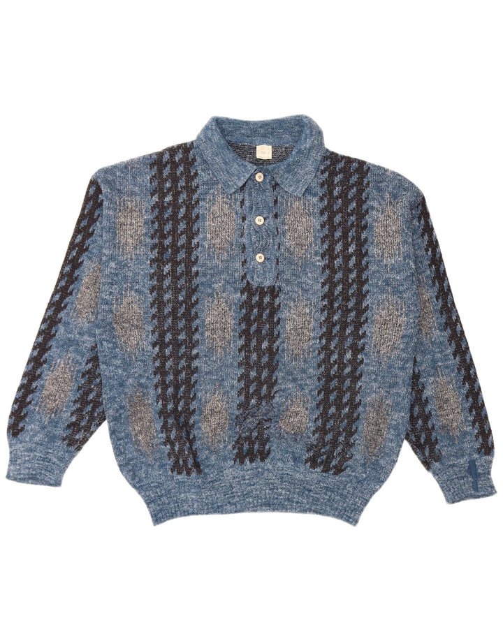 Męski sweter z golfem w stylu vintage, średnioniebieski, geometryczny
