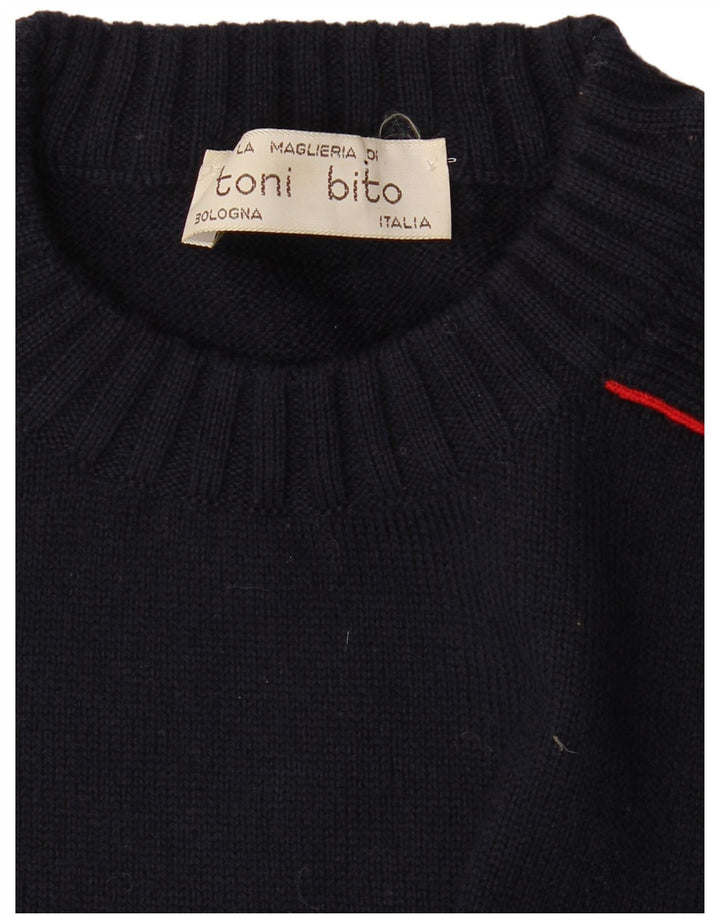 Vintage męski sweter z wycięciem pod szyją, średni granatowy w paski