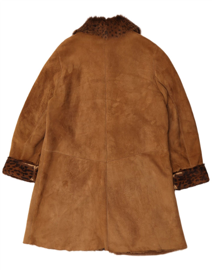 Vintage damski płaszcz oversize z owczej skóry UK 14, średni brązowy nadruk zwierzęcy