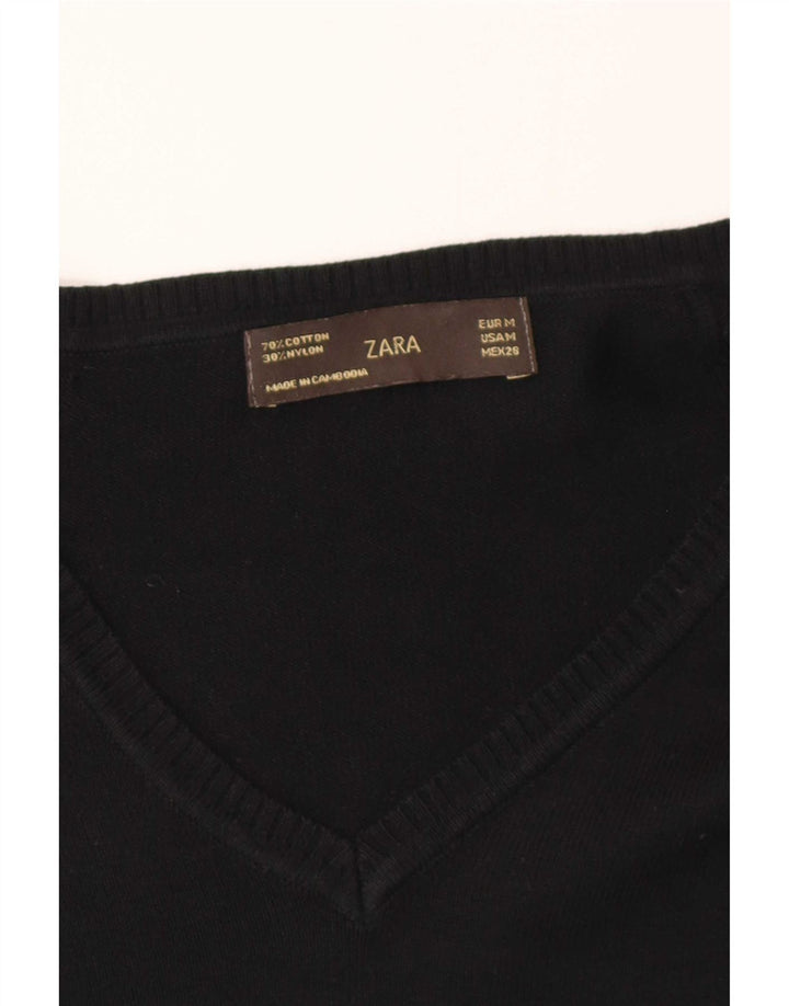 Sweter damski Zara z dekoltem w kształcie litery V, UK 12, średni czarny, bawełniany