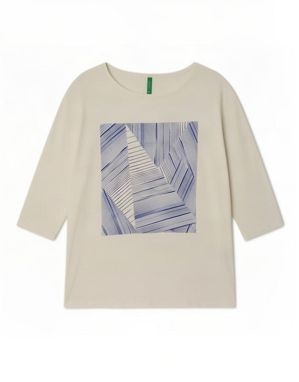 Benetton Womens Graphic 3/4 Sleeve Tunic Top UK 14 Medium White Cotton