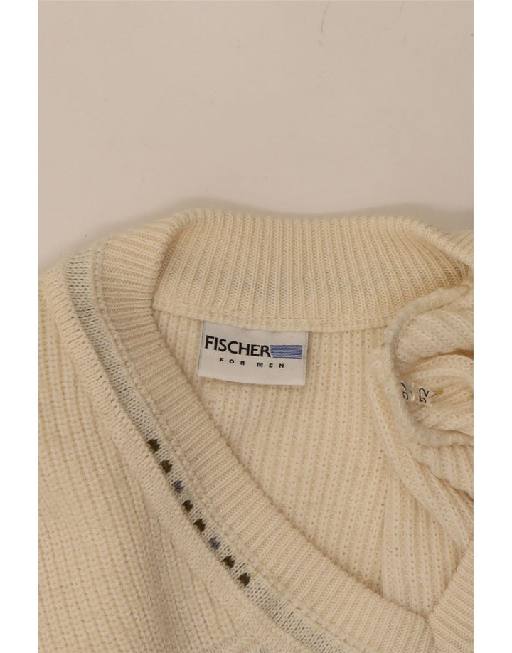 FISCHER Mens V-Neck Jumper Sweater IT 52 Large Beige Geometric Polyacrylic Vintage Fischer and Second-Hand Fischer from Messina Hembry 