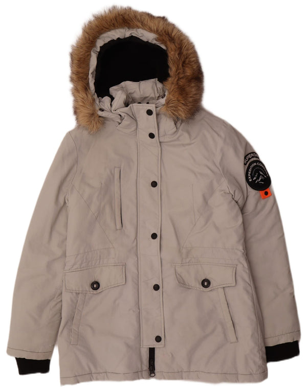 Damska kurtka parka z kapturem Superdry UK 14, duża, szara nylonowa