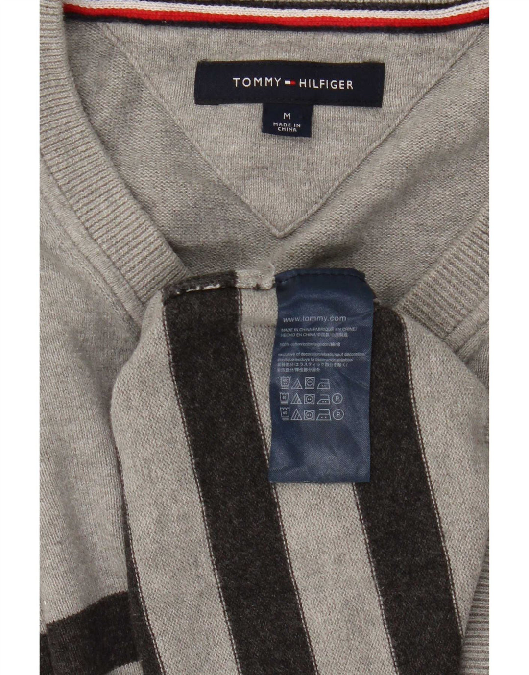 Męski sweter Tommy Hilfiger z dekoltem w kształcie litery V, bawełniany w średnie szare paski