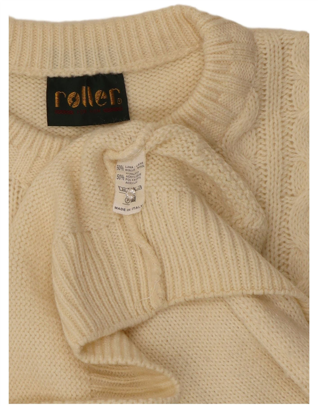 Vintage męski sweter z wycięciem pod szyją, duży, złamanej bieli Argyle/diamentowa wełna
