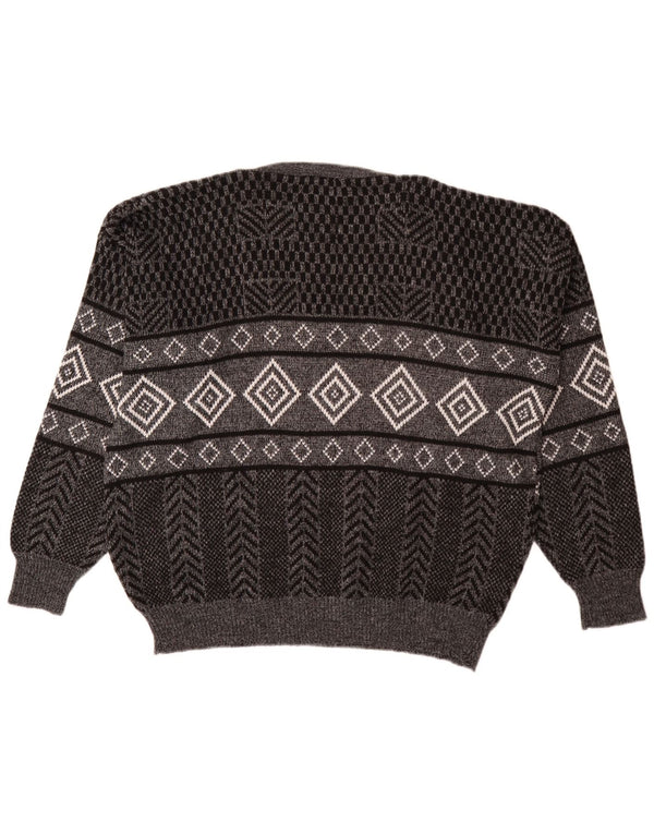 Vintage męski sweter z dekoltem w kształcie litery V, XL, szary, geometryczny akryl