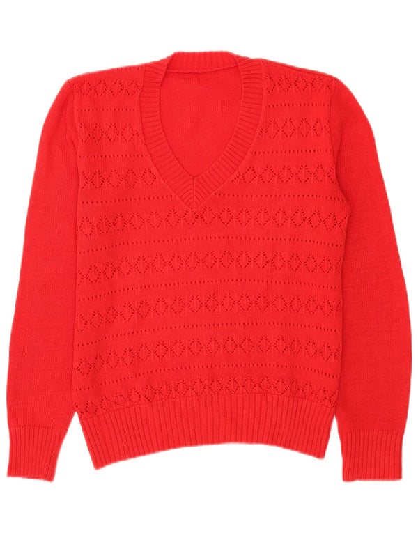 Sweter damski w stylu vintage z dekoltem w kształcie litery V, UK 16, duży czerwony