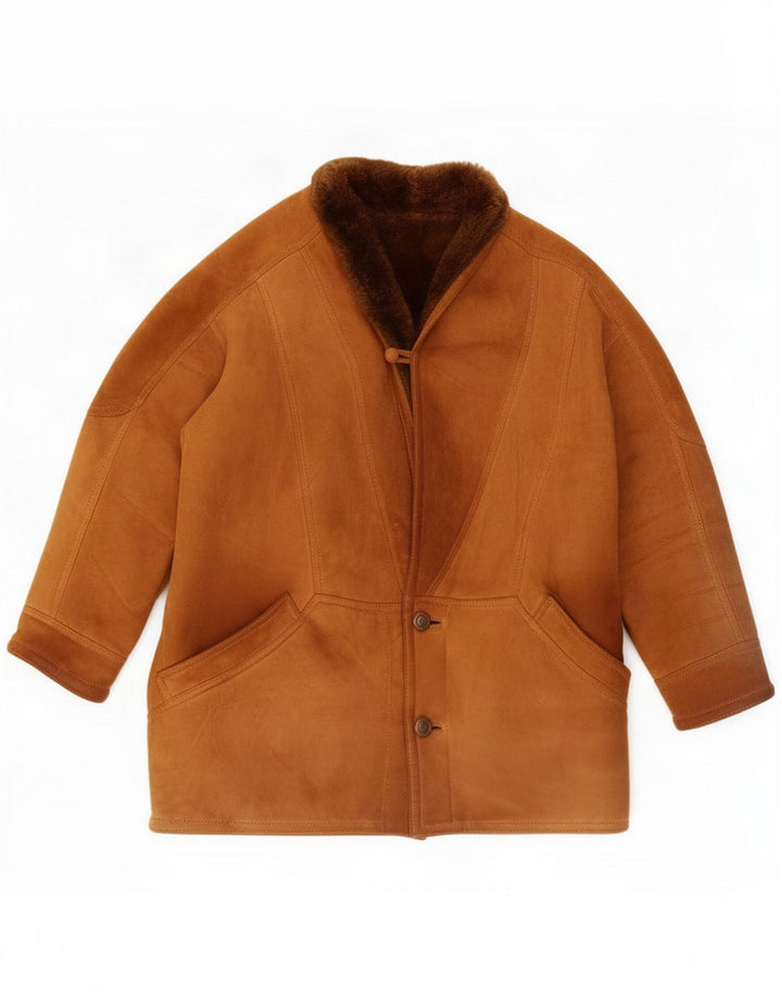 Vintage męska kurtka shearling zapinana na 3 guziki UK 40 duża brązowa skóra