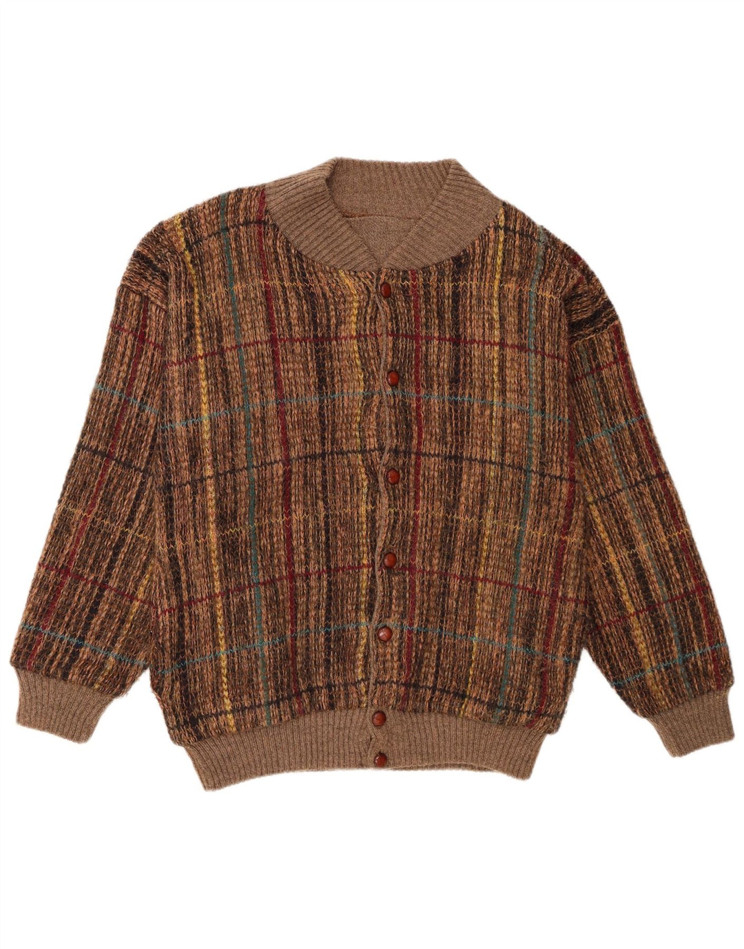 Vintage męski sweter rozpinany, duży, brązowy, akrylowy w kratę